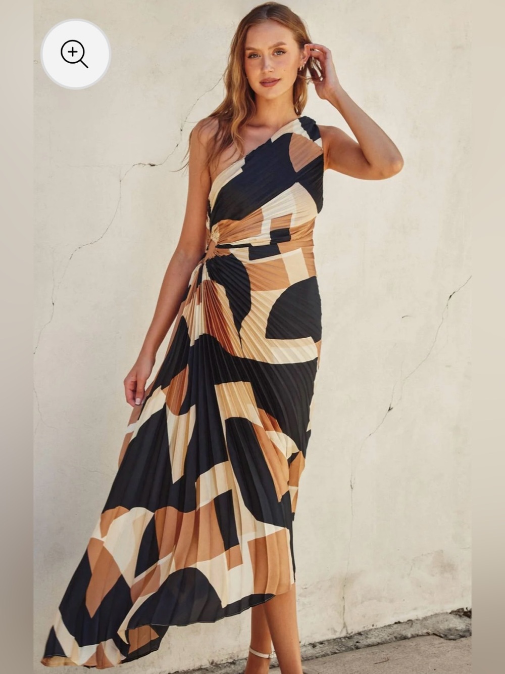 One-Shoulder Pleated Geo-Print Maxi Dress